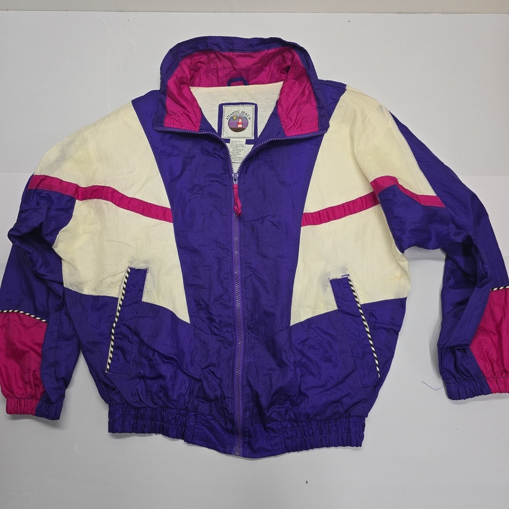 Vintage‎ Atlantic Beach Colorblock Windbreaker Jacket Purple Pink White Womens M
